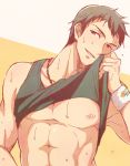  1boy abs brown_hair idolmaster idolmaster_side-m jewelry male_focus muscle naughty_face necklace nipples parted_lips pectorals shingen_seiji shirt_lift smile solo sweat upper_body wristband 