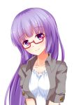  1girl alternate_costume bespectacled blouse blush breasts closed_mouth collarbone glasses head_tilt hime_cut jacket long_hair looking_at_viewer medium_breasts merukiarisu open_clothes open_jacket patchouli_knowledge purple_hair red-framed_eyewear semi-rimless_glasses smile solo touhou under-rim_glasses upper_body violet_eyes white_background white_blouse 