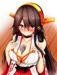  1girl between_breasts black_hair blush breasts brown_eyes choker cleavage collarbone eyebrows eyebrows_visible_through_hair from_above hair_between_eyes hair_ornament hairclip hands_on_own_chest haruna_(kantai_collection) headgear heart_lock_(kantai_collection) highres indoors kantai_collection large_breasts long_hair phone remodel_(kantai_collection) solo tawawa_challenge tsukui_kachou wooden_floor 