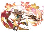  1girl animal_ears aqua_eyes axe bag bare_shoulders dark_skin feathers flower gloves granblue_fantasy grey_hair hair_ornament holding holding_weapon huge_weapon long_hair looking_at_viewer minaba_hideo nemone official_art pelvic_curtain petals sandals smile solo thigh-highs weapon 