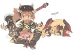 1girl armor axe battle_axe blade_(galaxist) blush brown_hair croissant dark_skin demon dwarf eating food gauntlets giving_up_the_ghost pointy_ears pop-up_story quad_tails violet_eyes weapon ymir_paaya 