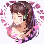  1girl bangs bare_shoulders brown_hair closed_eyes collarbone d.va_(overwatch) eyelashes eyeliner facepaint facial_mark headphones highres long_hair makeup nose overwatch pauld pink_lips solo upper_body whisker_markings 