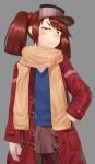  1girl absurdres black_eyes coat fang hair_bobbles hair_ornament half-closed_eye hand_on_hip highres kantai_collection mittens pantyhose poniko_kasiwagi redhead ryuujou_(kantai_collection) scarf shiny shiny_skin skirt smile solo striped striped_scarf sweater twintails visor_cap 