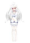  1girl absurdres ahoge blush dress heart_ahoge highres long_hair niliu_chahui no_shoes original pantyhose red_eyes silver_hair solo transparent_background twintails two_side_up white_dress white_legwear 
