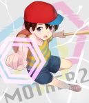  1boy backpack bag baseball_bat black_hair cocolo_(co_co_lo) copyright_name hat male_focus mother_(game) mother_2 ness purple_hair shirt shoes shorts sneakers solo striped striped_shirt 