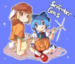  &gt;:q (9) 2girls :t animal_ears blonde_hair blue_background blue_dress blue_eyes blue_hair bunny_tail carving cirno crop_top crossed_legs dango dress english floppy_ears food glint hat indian_style kapiten70 knife looking_at_another looking_at_viewer mary_janes multiple_girls orange_eyes rabbit_ears ringo_(touhou) shoes short_sleeves shorts sitting smile socks striped striped_shorts tail tongue tongue_out touhou wagashi white_legwear 