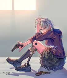  1girl black_legwear blue_eyes breasts daito glasses grey_hair gun handgun holding holding_gun holding_weapon hood hooded_jacket jacket kneehighs looking_at_viewer military original pleated_skirt prosthesis prosthetic_leg single_kneehigh sitting skirt solo weapon 