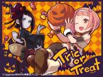  2girls bangs bat black_hair blunt_bangs boots candy checkered checkered_background dress engrish halloween hat jack-o&#039;-lantern mini_hat multiple_girls official_art pale_skin pink_eyes pink_hair ranguage rita_(shingeki_no_bahamut:_genesis) shingeki_no_bahamut shingeki_no_bahamut:_genesis short_hair stitches zombie 