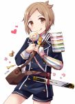  1boy :q armor bag brown_eyes brown_hair candy hair_ornament hairclip heart houchou_toushirou japanese_armor kote lollipop male_focus messenger_bag military military_uniform necktie shorts shoulder_bag smile sode tantou tongue tongue_out touken_ranbu uguisu_mochi_(ykss35) uniform 