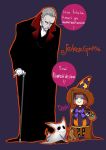 1boy 1girl age_difference basket blue_eyes cane cape child copyright_name crescent_print dog doyagao emma_grane fangs ghost_costume grey_hair hair_slicked_back halloween hand_on_hip hat highres joker_game looking_at_another miwa_shirou pale_skin pantyhose purple_background red_eyes redhead short_hair simple_background smile star star_print translation_request vampire_costume witch witch_hat yuuki_(joker_game) 