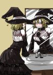  1girl bare_shoulders belt black_dress blonde_hair blush breasts cleavage dress elbow_gloves glasses gloves green_eyes half_updo halloween highres large_breasts mizuhashi_parsee pointy_ears touhou wavy_mouth yo_no_ji 