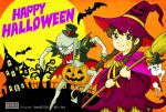  1girl bat braid brown_eyes brown_hair chai_(shenmue) commentary ghost halloween happy_halloween hat jack-o&#039;-lantern ling_shen_hua miyawaki_kenji shenmue shenmue_iii smile top_hat twin_braids witch witch_hat 