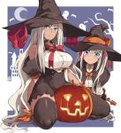  2girls :t bare_shoulders bat black_legwear blue_eyes blush bow breast_envy breasts capelet crescent_moon dark_skin ghost gloves hai_ookami halloween hat highres jack-o&#039;-lantern long_hair long_sleeves moon multiple_girls original pout seiza shoes siblings silver_hair sisters sitting solo thigh-highs very_long_hair witch_hat zettai_ryouiki 