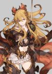  1girl armor bare_shoulders blonde_hair bow granblue_fantasy hair_bow long_hair mikebosi ponytail red_eyes solo sword vira weapon 