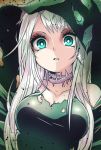  1girl aqua_eyes breasts choker cleavage collarbone debris dress eyeshadow green_dress hat highres long_hair makeup misery_(p&amp;d) parted_lips pikomarie puzzle_&amp;_dragons solo taut_clothes thorns torn_clothes torn_hat upper_body white_hair wide-eyed witch_hat 