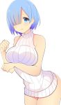  1girl alternate_costume bare_arms bare_shoulders blue_eyes blue_hair breast_hold breasts clenched_hands dress hair_over_one_eye highres large_breasts leaning_forward light_smile looking_at_viewer re:zero_kara_hajimeru_isekai_seikatsu rem_(re:zero) ribbed_sweater short_hair sweater sweater_dress sweater_vest white_sweater 