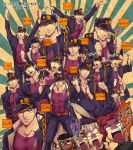  :o aqua_eyes arms_up black_hair chain claw_pose clenched_hands closed_eyes dark_skin dark_skinned_male dog earrings facial_mark gakuran gloves hands_together hat headband iggy_(jojo) interlocked_fingers jean_pierre_polnareff jewelry jojo_no_kimyou_na_bouken joseph_joestar_(young) kakyouin_noriaki kuujou_joutarou mohammed_avdol multiple_persona open_mouth outstretched_arms saiouga-uma school_uniform shocked_eyes smile stud_earrings surprised sweat translation_request white_gloves 