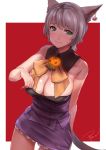  1girl adjusting_clothes animal_ears bare_shoulders breasts cleavage detached_collar from_above green_eyes highres jack-o&#039;-lantern miniskirt potion_lilac(popopotionu) silver_hair skirt slit_pupils solo sweatdrop 