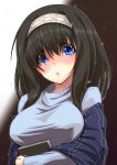  1girl black_hair blue_eyes blue_shirt blush book breasts commentary_request eyes_visible_through_hair hair_between_eyes hairband holding holding_book idolmaster idolmaster_cinderella_girls large_breasts long_hair looking_at_viewer off-shoulder_sweater ribbed_sweater sagisawa_fumika shirt solo sweater tanatoth upper_body 