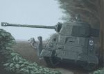  3girls binoculars blonde_hair blurry commentary field girls_und_panzer ground_vehicle looking_afar lying military military_vehicle motor_vehicle multiple_girls muted_color on_stomach poncho profile rain saunders_(emblem) sherman_firefly sky tank tree vent_arbre water_drop 