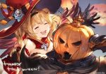  1boy 1girl bazaraga granblue_fantasy halloween halloween_costume happy_halloween helmet jack-o&#039;-lantern lowres official_art pumpkin sweatdrop watermark witch zeta_(granblue_fantasy) 