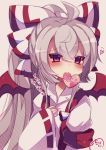  1girl ahoge alternate_hairstyle bat_wings blush bow fujiwara_no_mokou grey_hair hair_bow halloween_costume highres long_hair long_sleeves looking_at_viewer mouth_hold muuran ponytail red_eyes solo suspenders touhou translation_request upper_body wide_sleeves wings younger 
