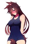  1girl alternate_costume animal_ears arms_behind_back between_legs blue_swimsuit blush breasts brown_hair closed_mouth collarbone commentary_request covered_navel cowboy_shot hair_over_one_eye highres imaizumi_kagerou long_hair mamedenchi medium_breasts nose_blush one-piece_swimsuit red_eyes school_swimsuit solo swimsuit tail tail_between_legs touhou wavy_mouth wolf_ears wolf_tail you_(noanoamoemoe) 