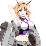  1girl abs armpits arms_behind_head artist_request blonde_hair breasts green_eyes groin kantai_collection large_breasts midriff mutsu_(kantai_collection) navel rigging solo turret white_background 