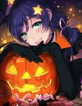  1girl black_gloves candy capelet choker commentary_request dancing_stars_on_me! elbow_gloves elbows_on_table gloves green_eyes grin hair_ornament hair_ribbon hairpin halloween hat jack-o&#039;-lantern long_hair looking_at_viewer love_live! love_live!_school_idol_project pink_ribbon purple_hair ribbon smile solo star star_hair_ornament toujou_nozomi twintails upper_body witch_hat 
