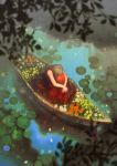  1girl blurry boat brown_hair depth_of_field dress flower from_above head_down highres lake leaf leg_hug lily_(flower) lily_pad long_hair moryo original red_dress sad scenery sitting solo tree water watercraft 