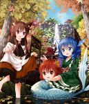  3girls :d animal_ears autumn_leaves barefoot blue_eyes blue_hair blush bridge brooch cape cellphone day disembodied_head dress dress_lift drill_hair fish_tail floating forest full_body hair_ornament head_fins highres imaizumi_kagerou japanese_clothes jewelry kimono leaf_hair_ornament lifted_by_self long_sleeves looking_at_another mermaid monster_girl multiple_girls nature obi open_mouth outdoors partially_submerged phone red_eyes redhead river ruu_(tksymkw) sash sekibanki sidelocks smartphone smile touhou wakasagihime water waterfall wide_sleeves wolf_ears 