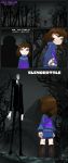  bleedman boots brown_hair closed_eyes comic commentary crossover english faceless forest formal frisk_(undertale) highres motion_lines nature necktie sans shorts silhouette slender_man standing striped striped_sweater suit sweater title_parody undertale watermark web_address white_skin 