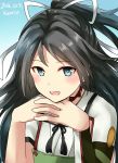  1girl aqua_eyes asymmetrical_clothes black_hair blush commentary_request dated detached_collar gendou_pose gradient gradient_background hair_between_eyes hands_clasped highres kamelie kantai_collection katsuragi_(kantai_collection) long_hair looking_at_viewer open_mouth ponytail remodel_(kantai_collection) single_sleeve twitter_username upper_body 