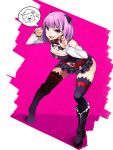  1girl bare_shoulders blush detached_sleeves fate/grand_order fate_(series) helena_blavatsky_(fate/grand_order) highres looking_at_viewer nirai_kanai open_mouth purple_hair short_hair smile solo thigh-highs thomas_edison_(fate/grand_order) violet_eyes 