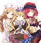  3girls alternate_costume american_flag_dress bandages bangs basket belt black_legwear blonde_hair blood blush brain breasts candy cheunes choker cleavage closed_eyes closed_mouth clownpiece collarbone cowboy_shot dress fang_out halloween halloween_costume hat heart heart-shaped_pupils hecatia_lapislazuli highres jester_cap junko_(touhou) lollipop long_hair looking_at_viewer multiple_girls neck_ruff nurse nurse_cap orange_eyes pantyhose polka_dot polos_crown redhead shiny shiny_clothes short_dress shorts skull smile standing star star_print stitches striped symbol-shaped_pupils thighband_pantyhose touhou v vial wings 