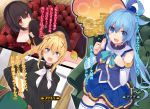  3girls aqua_(konosuba) bare_shoulders black_gloves black_hair black_shirt blonde_hair blue_eyes blue_hair blue_skirt collarbone darkness_(konosuba) detached_sleeves dress_shirt eyebrows eyebrows_visible_through_hair fingerless_gloves gloves gold hair_ornament hand_on_hip hat high_ponytail highres holding holding_hat kono_subarashii_sekai_ni_shukufuku_wo! long_hair looking_at_viewer megumin mishima_kurone multiple_girls novel_illustration official_art open_mouth pleated_skirt red_eyes ribbon shirt short_hair sitting skirt strapless thigh-highs white_legwear white_ribbon witch_hat 