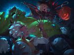  1girl 3boys blonde_hair dr._junkenstein goggles halloween hat jack-o&#039;-lantern junkenstein&#039;s_monster_roadhog junkrat_(overwatch) labcoat mercy_(overwatch) monster_boy multiple_boys nakanoart overwatch pumpkin_reaper reaper_(overwatch) roadhog_(overwatch) witch witch_hat witch_mercy 