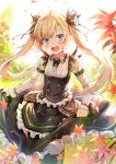  1girl blonde_hair blue_eyes blush leaf long_hair long_sleeves looking_at_viewer maid maple_leaf open_mouth original qian_wu_atai skirt_hold solo twintails 