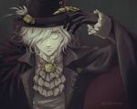  1boy __a_s_h__ aiguillette black_gloves black_hat black_jacket brooch cape claw_ring cravat dark edmond_dantes_(fate/grand_order) expressionless fate/grand_order fate_(series) formal frills gears gloves grey_background hair_over_one_eye half-closed_eyes hand_up hat jacket jewelry long_sleeves looking_at_viewer male_focus messy_hair monocle pale_skin solo steampunk top_hat twitter_username upper_body white_hair yellow_eyes 