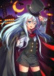  1girl adjusting_clothes adjusting_hat alternate_costume bat black_hair blue_eyes cape commentary_request cowboy_shot cravat crescent_moon fang hat hibiki_(kantai_collection) kantai_collection lighthouse long_hair moon night open_mouth shorts solo thigh-highs top_hat white_hair yu-yuuki 
