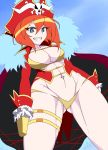  1girl blue_eyes breasts cape cleavage cowboy_shot fur_trim gloves grin hat lalaco_godspeed looking_at_viewer navel nishiumi_yuuta pirate_hat redhead revealing_clothes smile solo thighs uchuu_patrol_luluco 