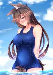  1girl absurdres alternate_costume animal_ears arms_behind_back between_legs blue_swimsuit blush breasts brown_hair closed_mouth clouds cloudy_sky collarbone commentary_request covered_navel cowboy_shot day hair_over_one_eye highres imaizumi_kagerou karasuma_amiru long_hair mamedenchi medium_breasts nose_blush ocean one-piece_swimsuit partially_submerged red_eyes school_swimsuit sky solo swimsuit tail tail_between_legs touhou wavy_mouth wet wolf_ears wolf_tail 