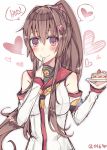  1girl bare_shoulders blush brown_hair cake commentary food fork fork_in_mouth fruit heart kantai_collection kvlen long_hair looking_at_viewer pink_eyes plate ponytail smile solo spoken_heart strawberry upper_body yamato_(kantai_collection) 