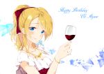  1girl alcohol ayase_eli blonde_hair blue_eyes blush bracelet breasts character_name cleavage cup drinking_glass hair_ribbon happy_birthday highres holding_glass jewelry looking_at_viewer love_live! love_live!_school_idol_project necklace ponytail ribbon smile solo upper_body wine wine_glass yomo_tsuka 