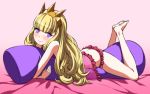  1girl bangs blunt_bangs blush butt_crack cagliostro_(granblue_fantasy) crown granblue_fantasy highres hug long_hair looking_at_viewer lying on_stomach shirihime smile solo violet_eyes 