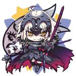  1girl armor armored_dress blonde_hair chains elbow_gloves fate/apocrypha fate/grand_order fate_(series) flag gloves headpiece helmet jeanne_alter long_hair looking_at_viewer ruler_(fate/apocrypha) smile solo sword thigh-highs weapon yellow_eyes 