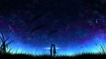  1boy 1girl grass highres night night_sky outdoors red_flowers silhouette sky star_(sky) starry_sky 