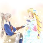  1boy 1girl bangs blonde_hair blush bouquet bow closed_eyes detached_sleeves dress earrings elise_(fire_emblem_if) fire_emblem fire_emblem_if flower gloves grey_hair hair_ribbon happy hetero japanese_clothes jewelry kneeling light_particles long_hair miyu_(celestialeyes) multicolored_hair open_mouth petals ponytail proposal ribbon smile strapless strapless_dress takumi_(fire_emblem_if) twintails two-tone_hair very_long_hair wedding_dress 