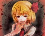  1girl barbed_wire biting_finger blonde_hair blood blood_on_face blood_splatter bloody_clothes blurry fangs hair_ribbon open_mouth pov red_eyes ribbon rumia short_hair smile solo teeth touhou tsukiori_sasa vampire 