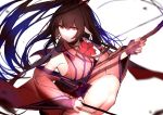  1girl armpits arrow black_hair bow_(weapon) closed_mouth detached_sleeves floating_hair high_ponytail japanese_clothes kimono kneeling long_hair long_sleeves looking_away original pointy_ears red_eyes saisarisu serious solo weapon white_background wide_sleeves 